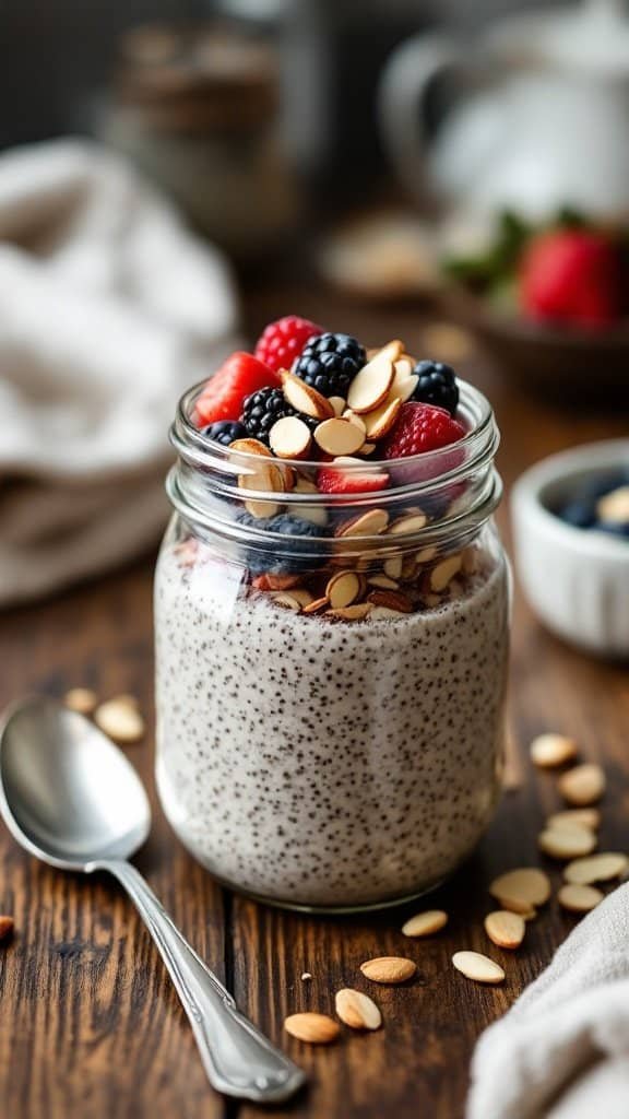 A jar of chia seed pudding topped with almonds and berries.