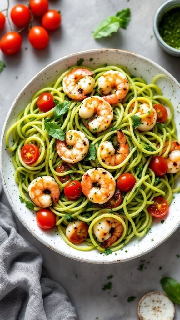 A vibrant dish of pesto zoodles with grilled shrimp, cherry tomatoes, and fresh basil.