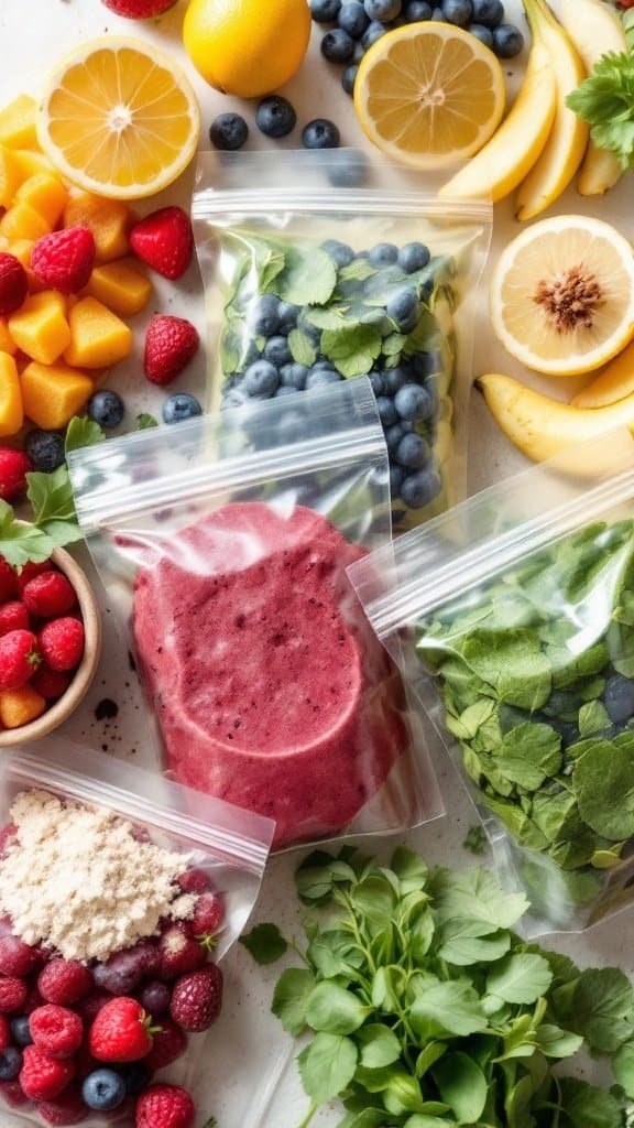 A variety of ingredients for making protein-packed smoothie packs, including fruits, greens, and protein sources.