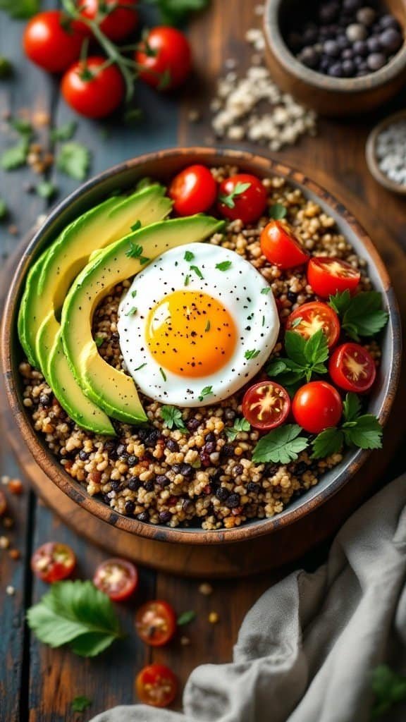 Savory quinoa breakfast bowl with avocado, tomatoes, and poached egg