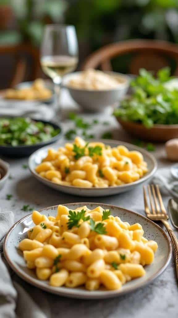 A plate of cottage cheese mac and cheese garnished with parsley, served with a side salad.