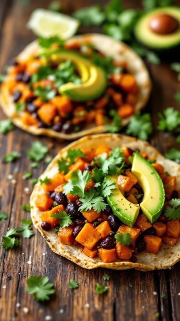 Two spicy black bean and sweet potato tacos topped with avocado and cilantro on a wooden table.