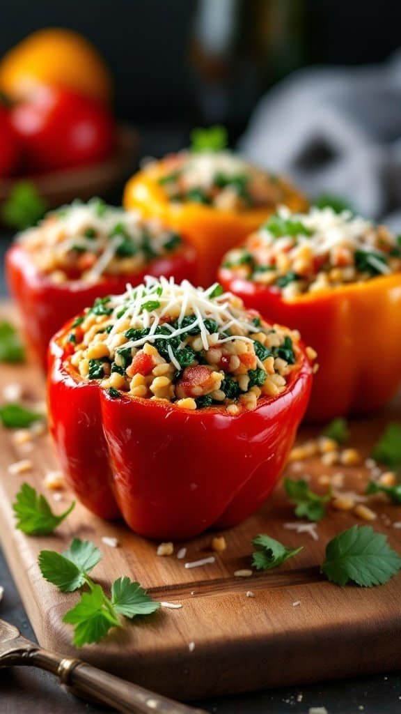 Turkey and spinach stuffed bell peppers on a cutting board.
