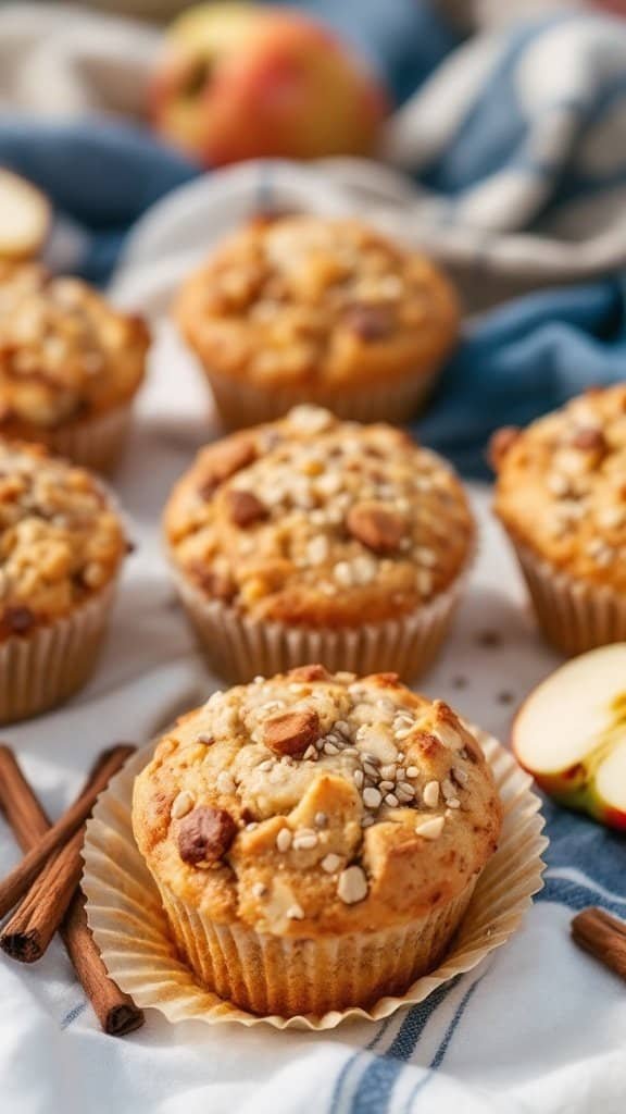 Delicious apple cinnamon muffins with chia seeds sitting on a table