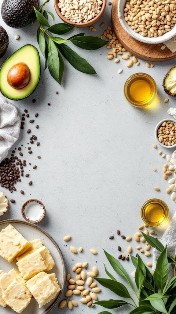 An assortment of healthy fats including avocados, seeds, and olive oil arranged on a light surface.