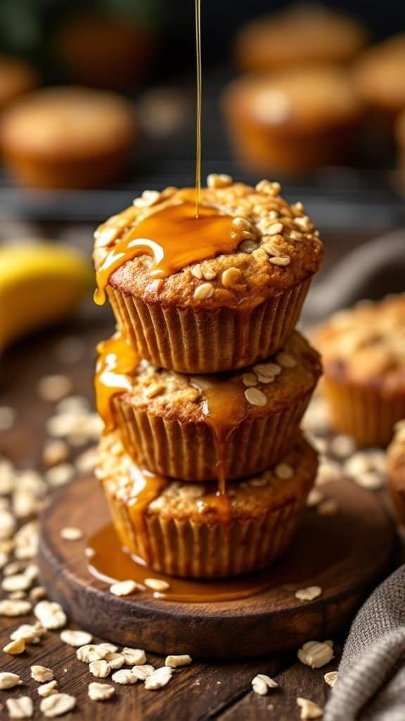 A stack of banana oat muffins drizzled with maple syrup, showcasing a delicious and healthy treat.