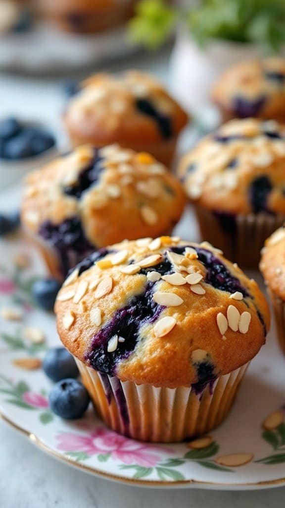Delicious blueberry almond muffins topped with sliced almonds