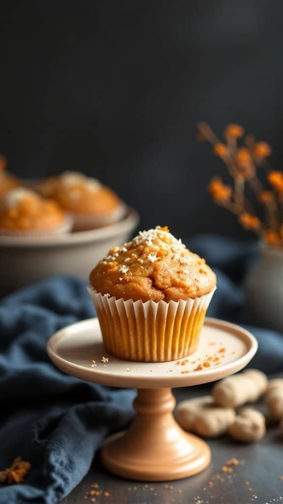 Carrot muffins topped with a sprinkle of sugar, placed on a decorative stand