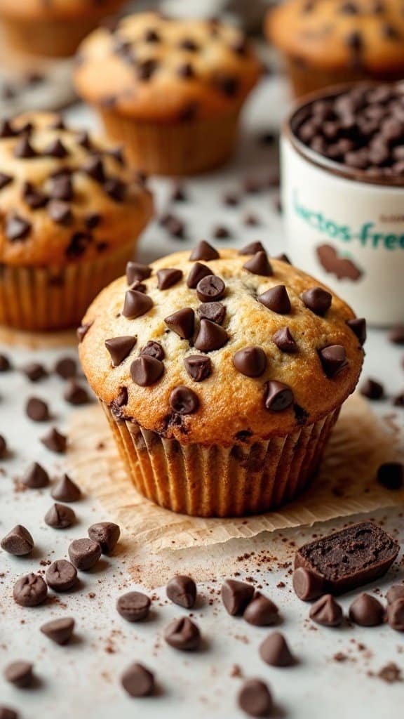 Delicious chocolate chip muffins made with lactose-free yogurt.