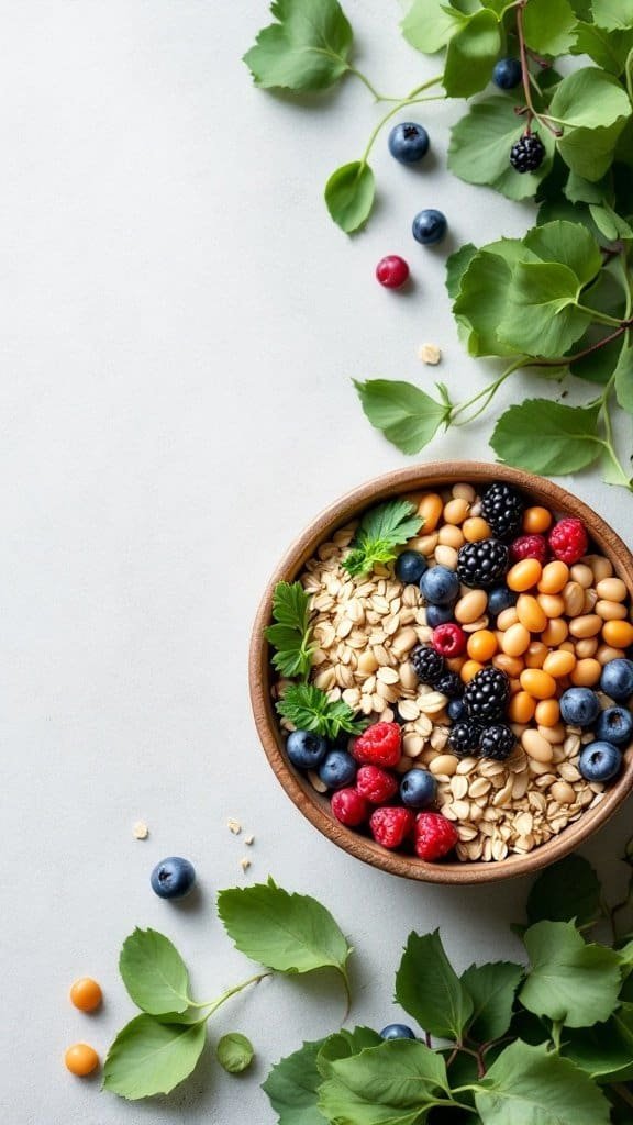 A bowl of oats topped with various fresh berries, showcasing fiber-rich foods.