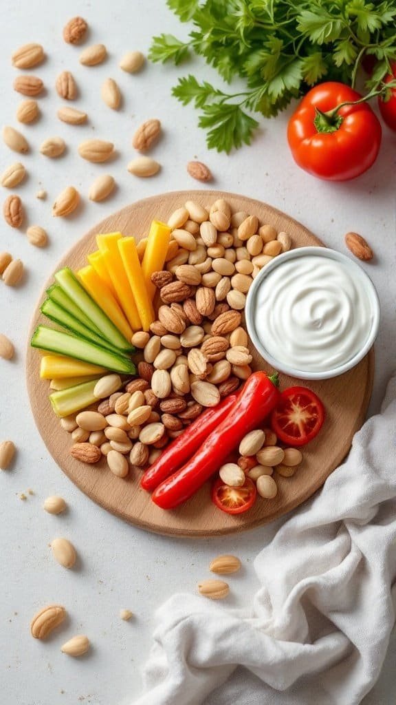 Healthy snack platter with mixed nuts, sliced vegetables, and yogurt dip.
