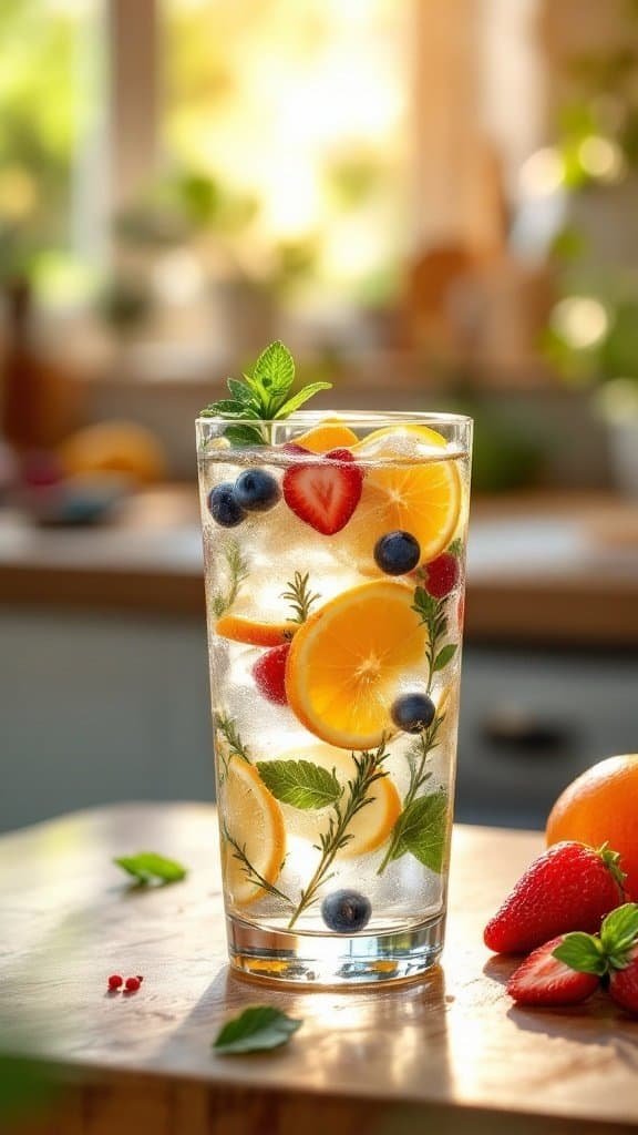 Refreshing fruit-infused water in a clear glass with mint and fresh fruit slices.