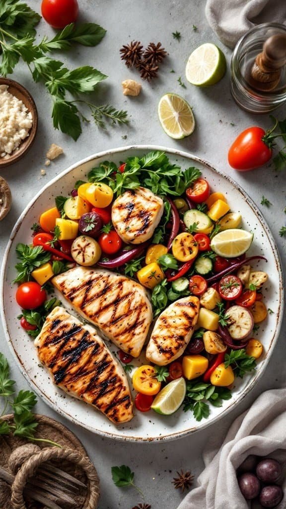 A colorful plate of grilled chicken served over a fresh vegetable salad.