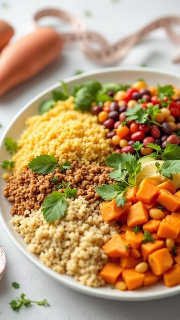 A colorful bowl of couscous, beans, and sweet potatoes, garnished with cilantro