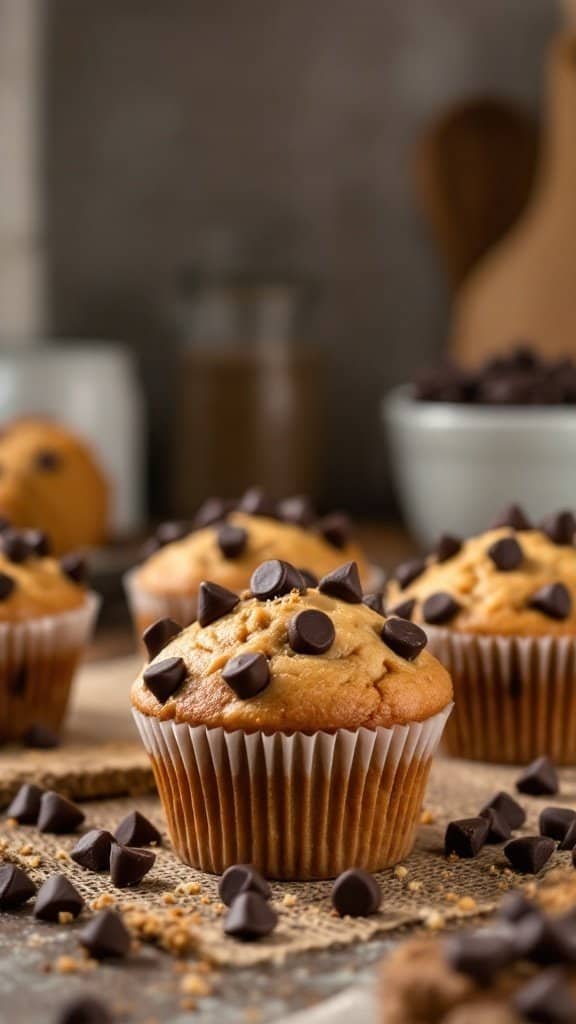 Peanut butter muffins topped with dark chocolate chips