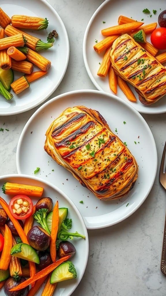 A notebook with balanced meal ideas, surrounded by fresh vegetables and fruits.