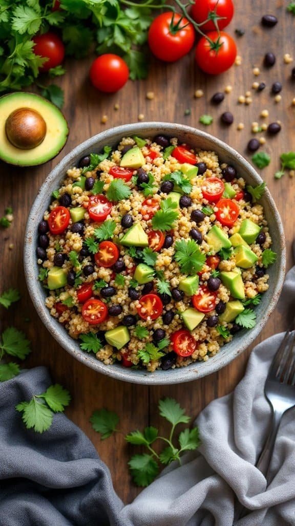 A colorful quinoa salad with avocado, black beans, cherry tomatoes, and cilantro.