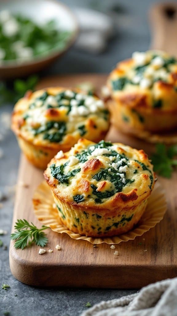 Savory spinach and feta muffins on a wooden board.