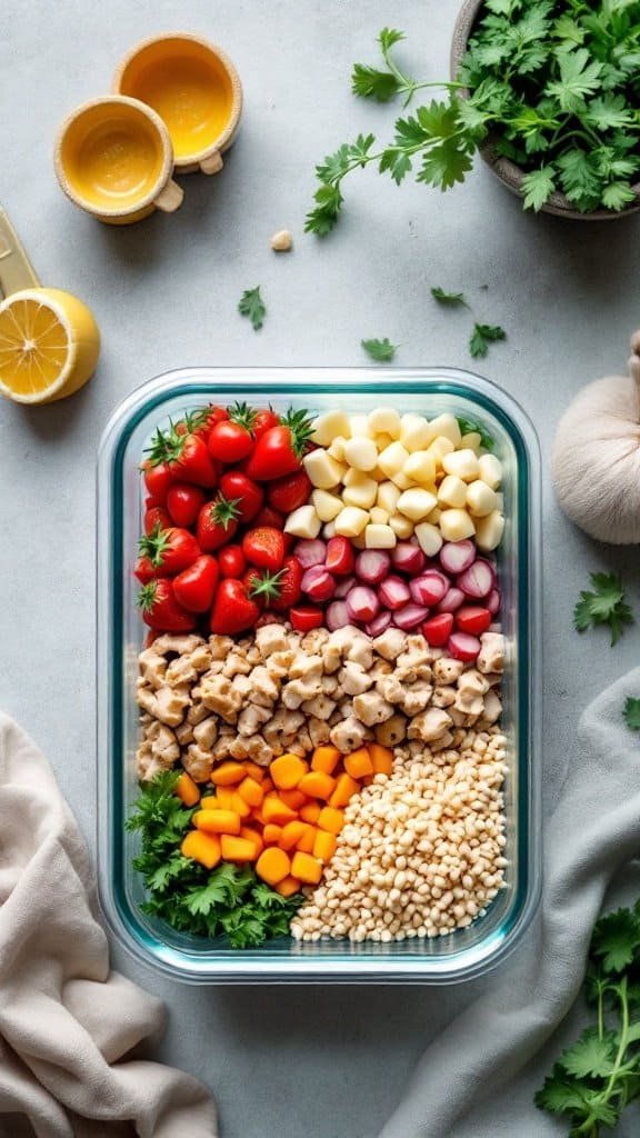 A vibrant grain bowl filled with colorful vegetables and grains.