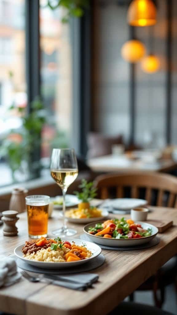 A dining table set with healthy dishes including quinoa salad and grilled chicken.