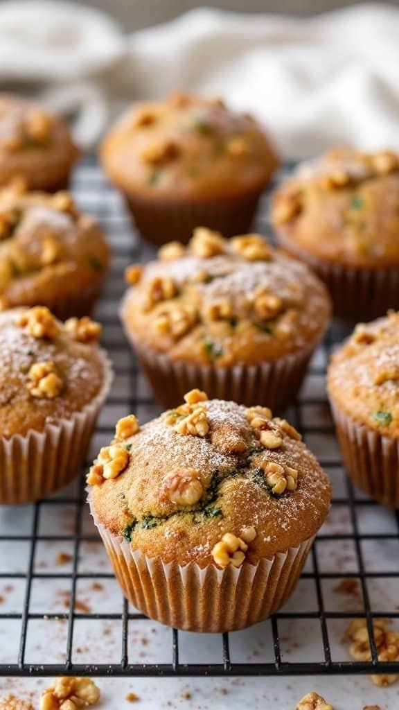 Delicious zucchini muffins topped with walnuts and dusted with powdered sugar.