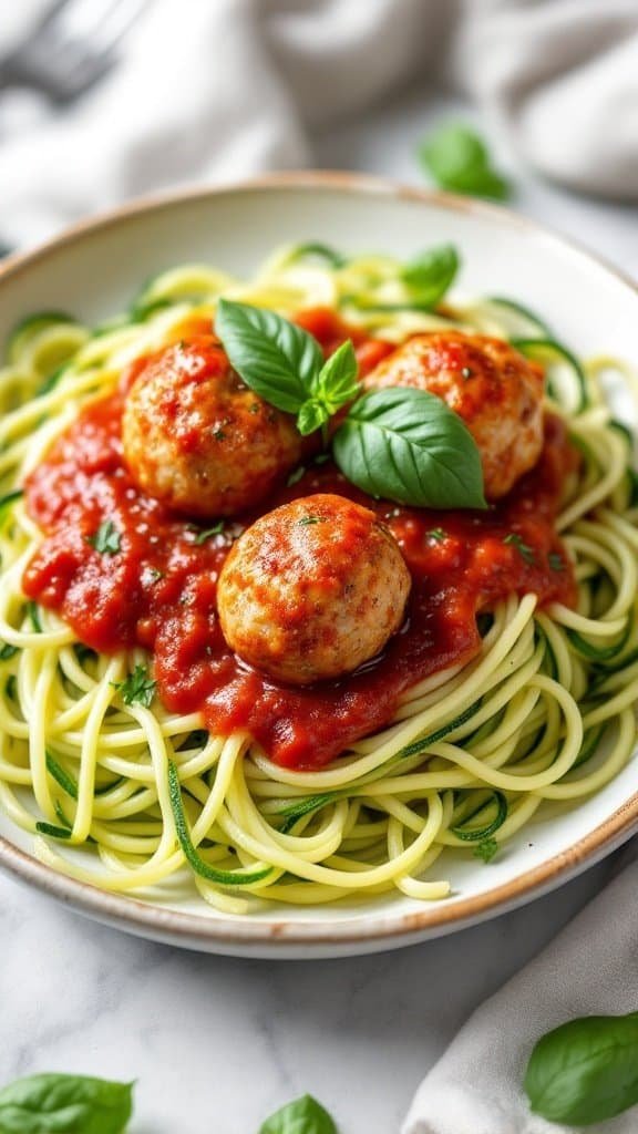 Zucchini noodles with turkey meatballs and marinara sauce