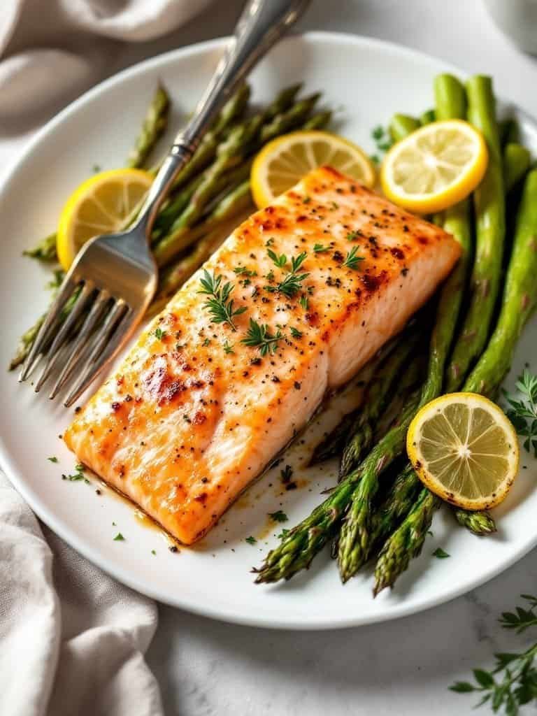 A plate of baked salmon fillet with asparagus and lemon slices.