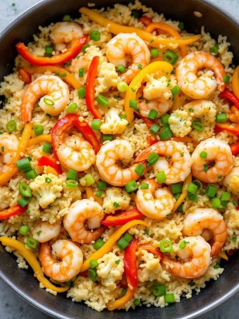 A colorful stir-fry dish with shrimp, bell peppers, green peas, and cauliflower rice.