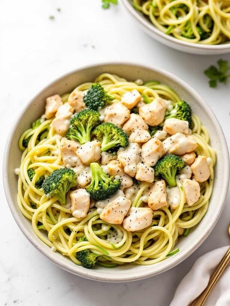A bowl of Chicken and Broccoli Alfredo with Zoodles, featuring creamy sauce, chicken pieces, and broccoli florets.