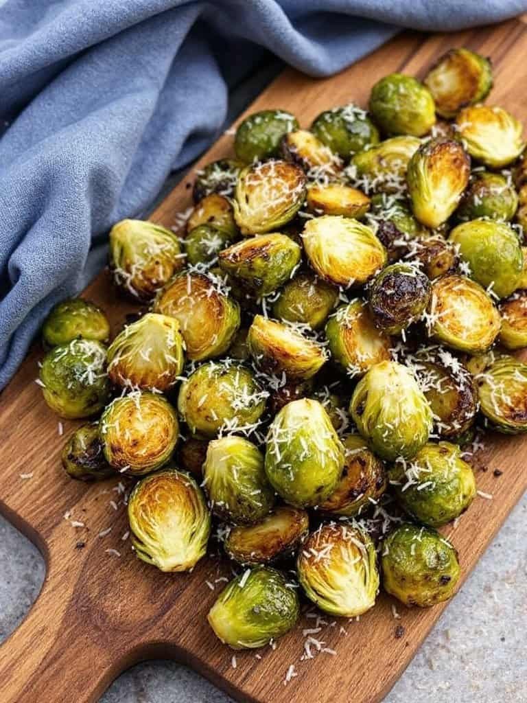 Crispy Parmesan Brussels Sprouts on a wooden cutting board