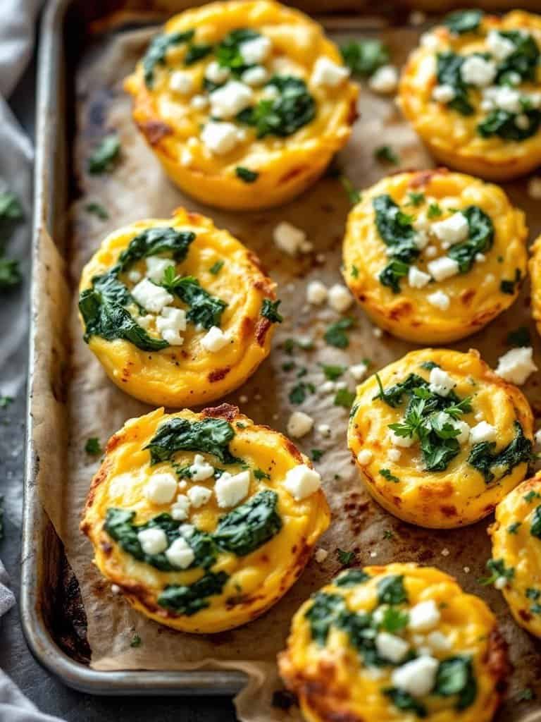 Egg muffins with spinach and feta on a baking tray