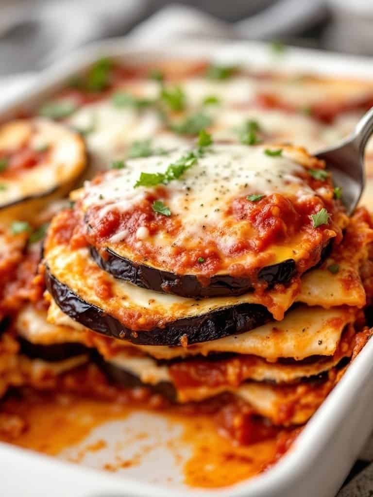 A delicious plate of Eggplant Lasagna featuring layers of eggplant, ricotta, marinara sauce, and melted cheese.
