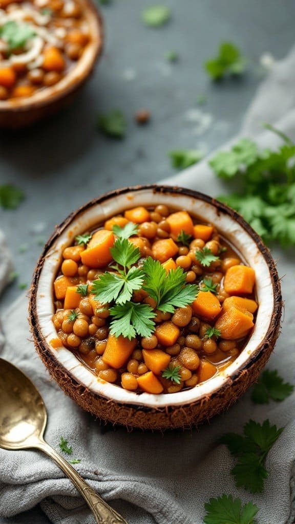 A bowl of Lentil and Sweet Potato Curry garnished with cilantro.