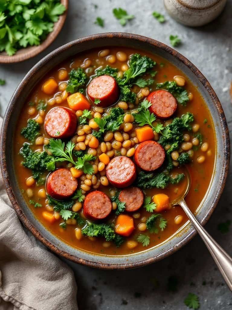 A bowl of lentil soup with sausage and kale garnished with fresh herbs.