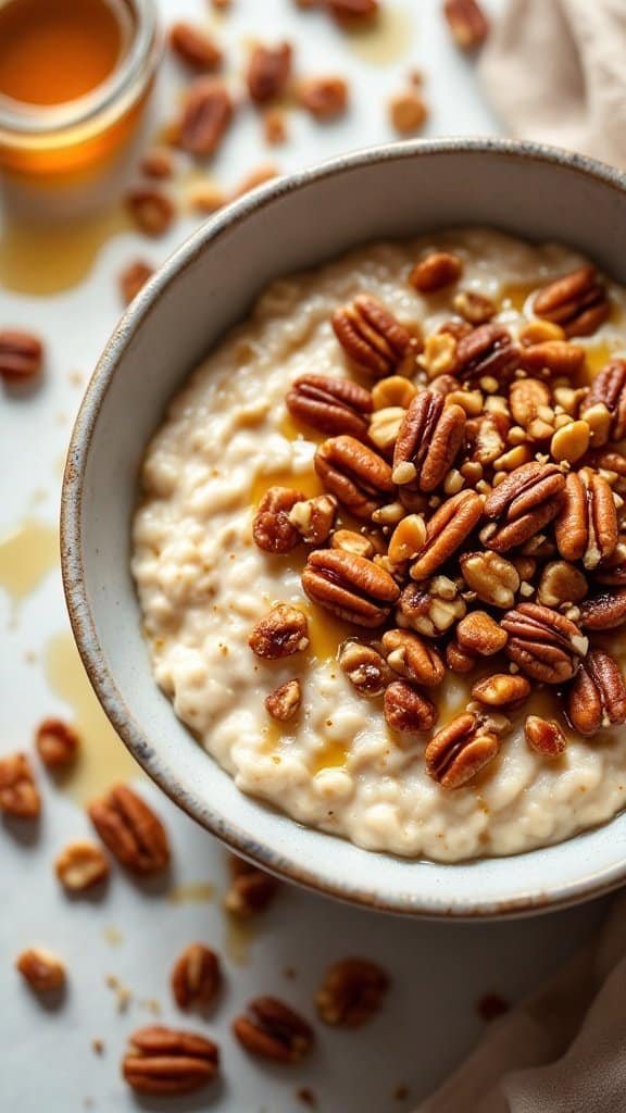 A bowl of maple pecan overnight oats topped with pecans and a drizzle of maple syrup.