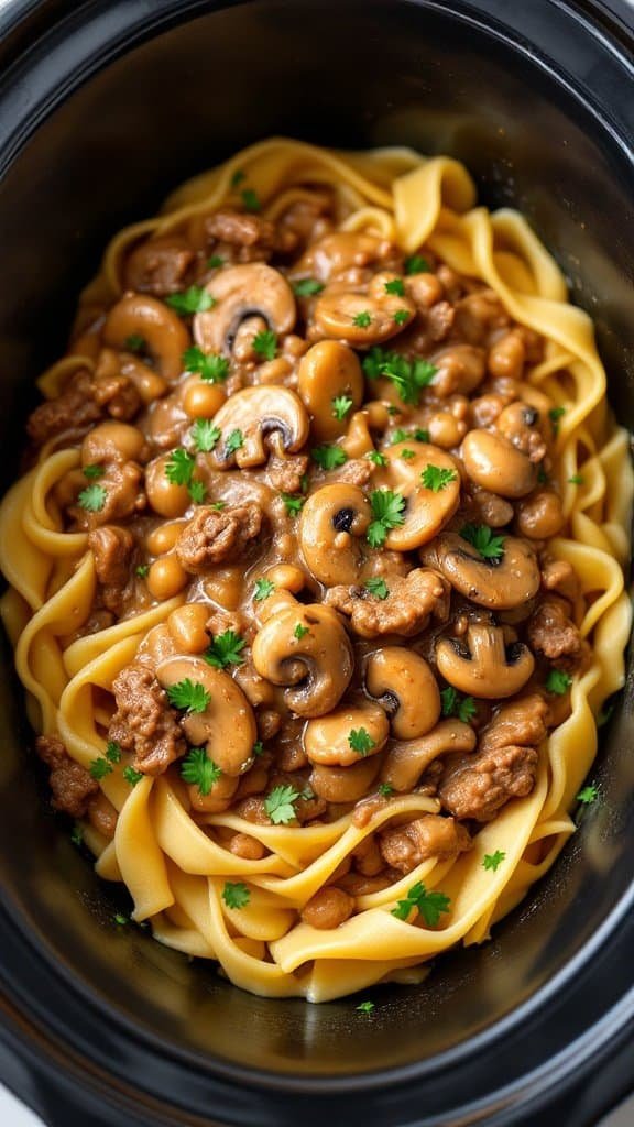 A bowl of beef and mushroom stroganoff with noodles, garnished with parsley.