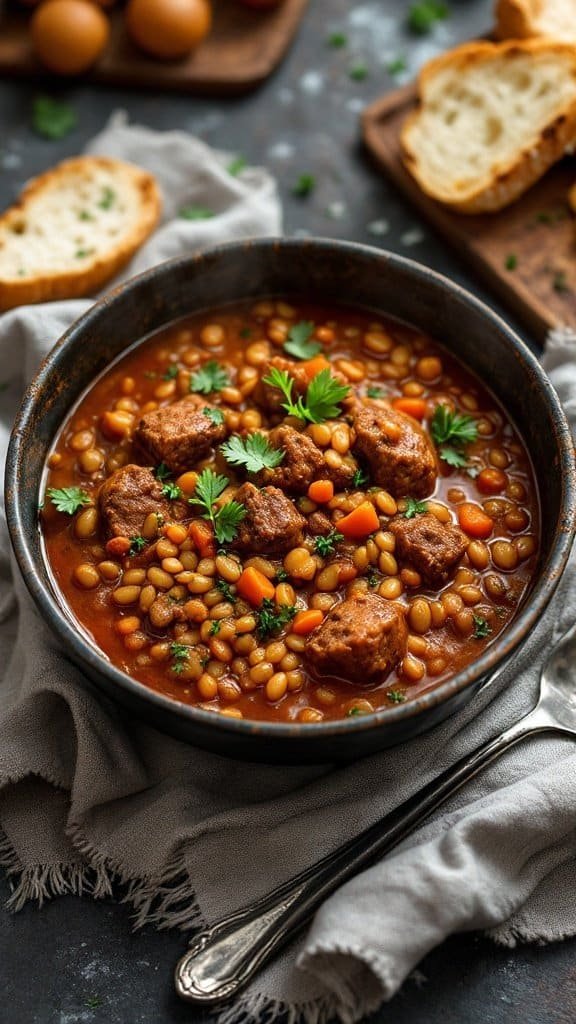 A bowl of spicy beef and lentil stew garnished with cilantro.