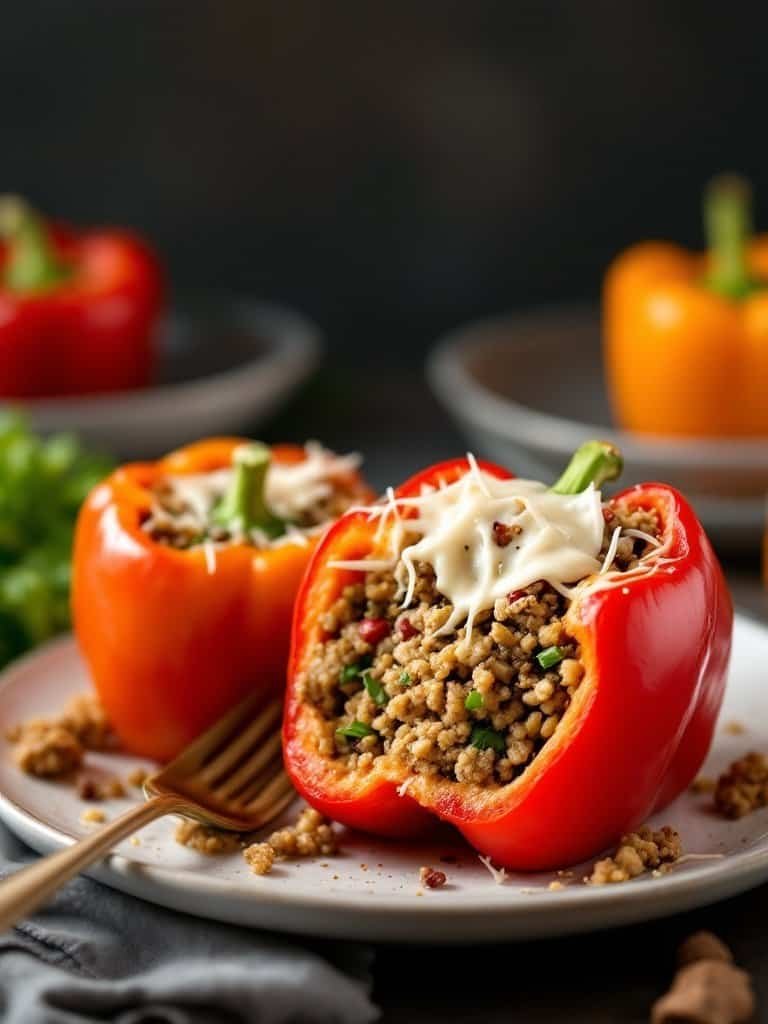 Stuffed bell peppers filled with ground turkey, topped with cheese