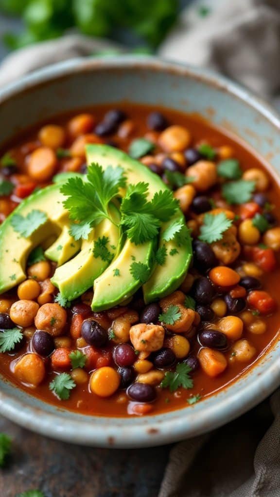 A bowl of turkey and black bean chili garnished with avocado and cilantro.