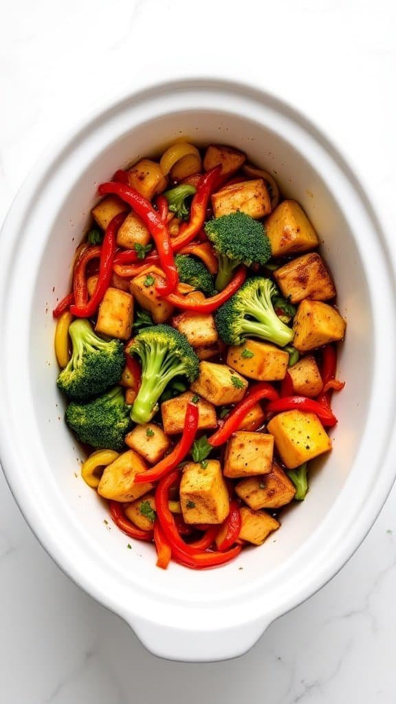 Crockpot Vegetable and Tofu Stir-Fry with colorful vegetables and tofu cubes.