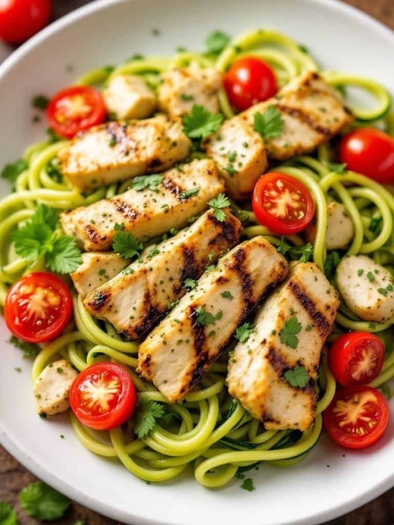 Zucchini noodles topped with grilled chicken and cherry tomatoes