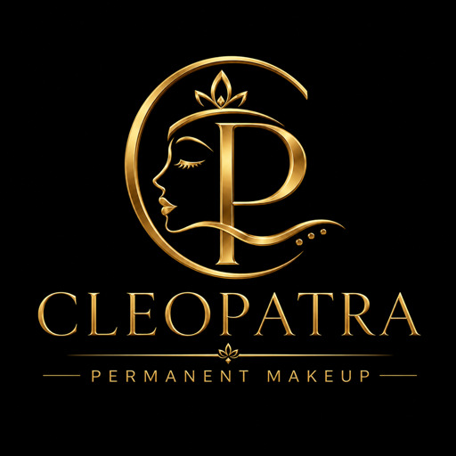 Gold logo for Cleopatra Permanent Makeup featuring a stylized female profile inside a circular frame and a decorative 'P' on a black background, with 'CLEOPATRA' and 'PERMANENT MAKEUP' text beneath.