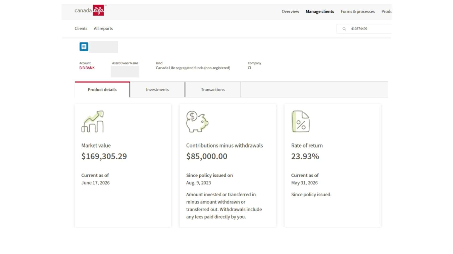 Susan B2B Bank account screenshot