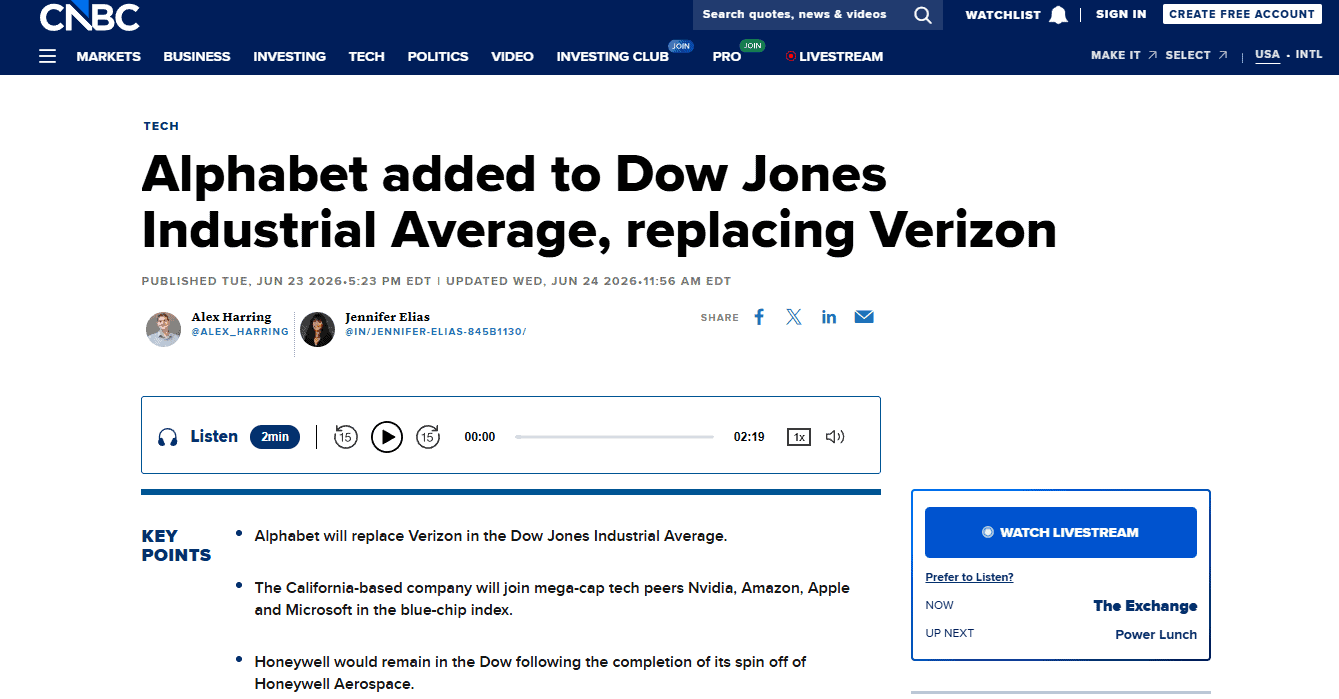 The release timing and market visibility of Google's addition to the Dow Jones Industrial Average