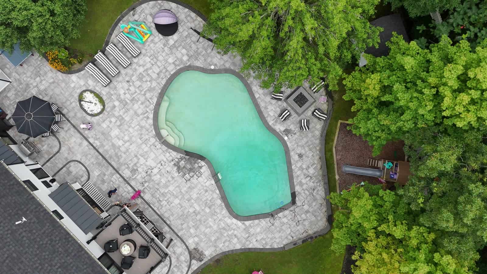 Drone flyover of the finished pool patio
