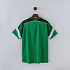 Jugador con camiseta de fútbol verde y blanca, diseño deportivo, en exhibición en la pared.