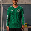 Fondo de camiseta de fútbol de México con diseño moderno y logotipo oficial.