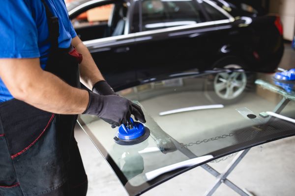Technician calibrating car windshield for auto glass repair and replacement.
