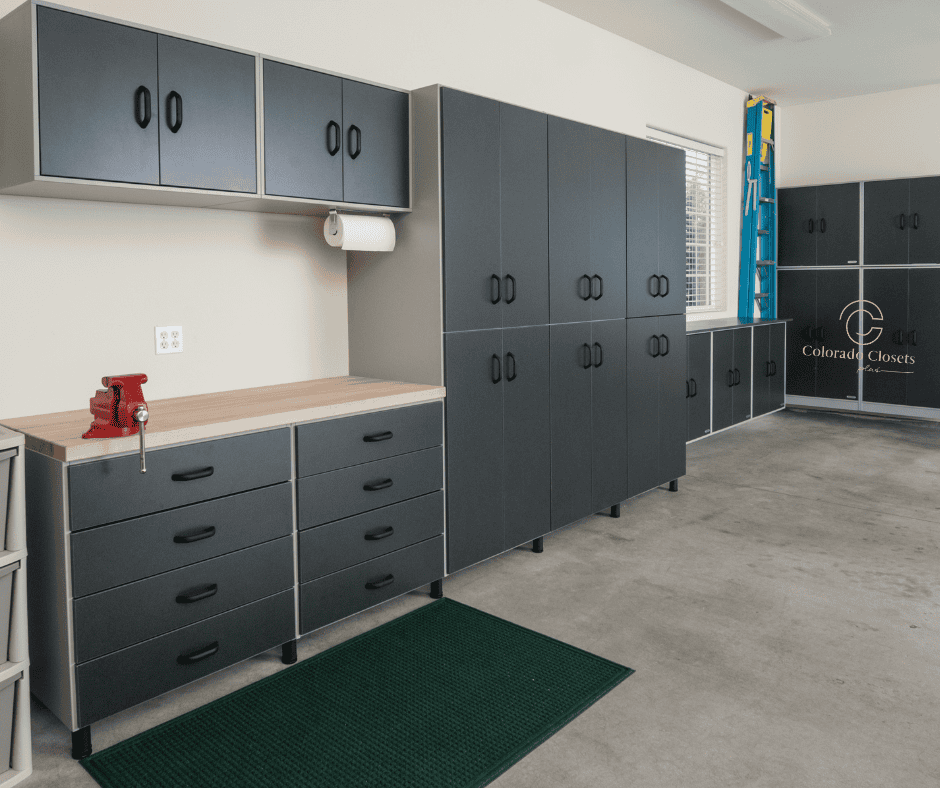 Modern custom storage cabinets in a spacious garage or workshop setting.