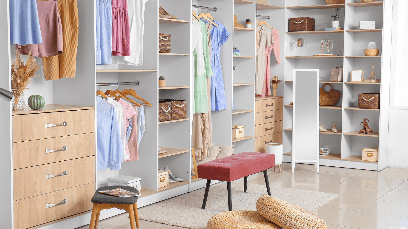 Custom closet organization with shelves, drawers, and hanging space in Durango.